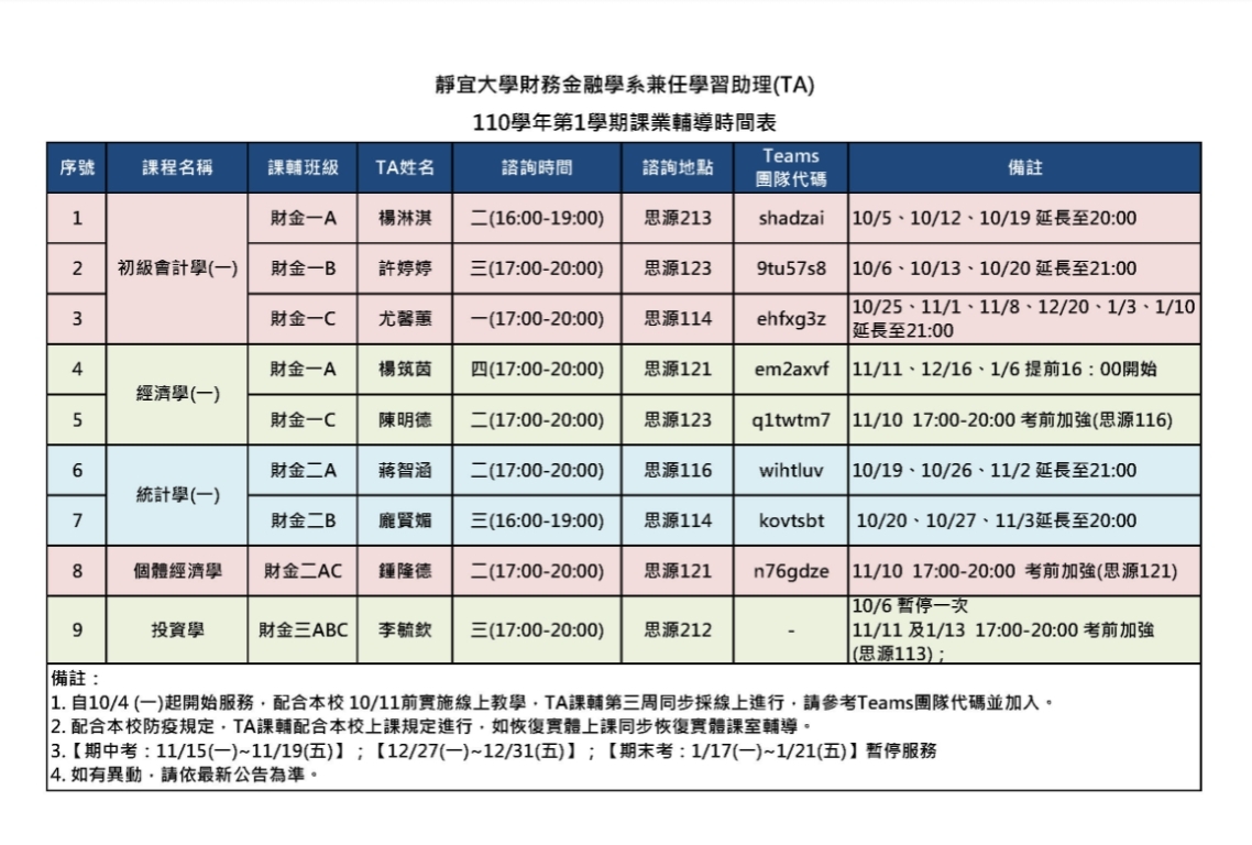 110(1)TA課後輔導時間表